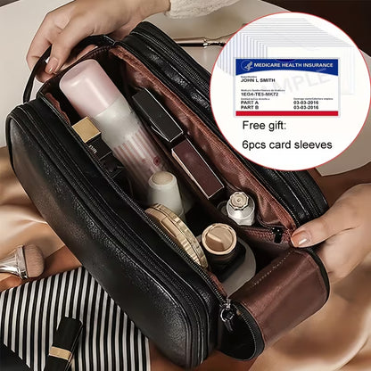 Large Capacity Cosmetic Organizer Bag - Pink Tri-Fold Travel Makeup Case with Leather Lining & Wrist Strap