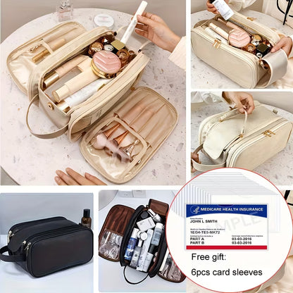 Large Capacity Cosmetic Organizer Bag - Pink Tri-Fold Travel Makeup Case with Leather Lining & Wrist Strap