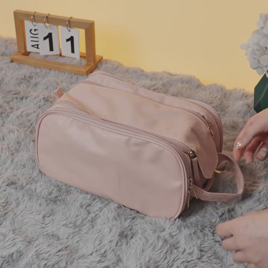 Large Capacity Cosmetic Organizer Bag - Pink Tri-Fold Travel Makeup Case with Leather Lining & Wrist Strap